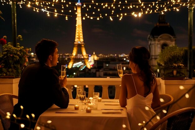 Couple au restaurent à côté de la Tour Eiffel